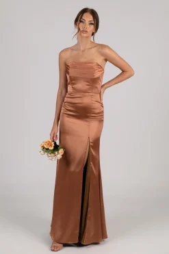 Peyton Strapless Satin Maxi Dress - Terracotta