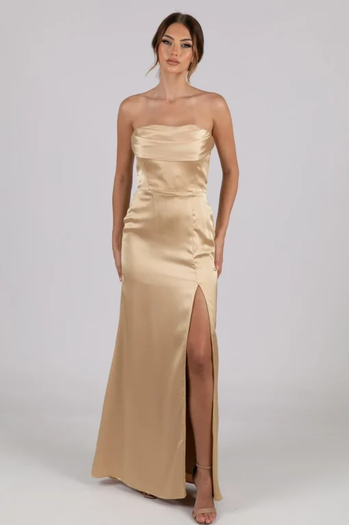 Peyton Strapless Satin Maxi Dress - Neutral Gold