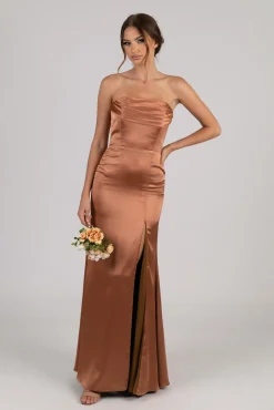 Peyton Strapless Satin Maxi Dress - Terracotta