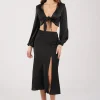Quinn Satin Set - Long Sleeve Crop Top and Midi Skirt in Black