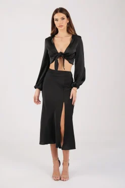 Quinn Satin Set - Long Sleeve Crop Top and Midi Skirt in Black