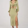 Quinn Satin Set - Long Sleeve Crop Top and Midi Skirt in Olive
