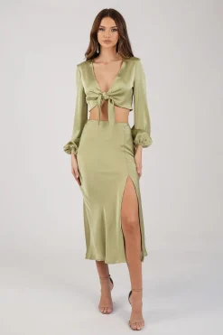Quinn Satin Set - Long Sleeve Crop Top and Midi Skirt in Olive