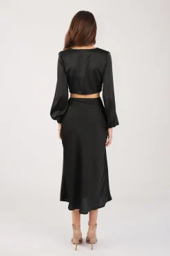 Quinn Satin Set - Long Sleeve Crop Top and Midi Skirt in Black