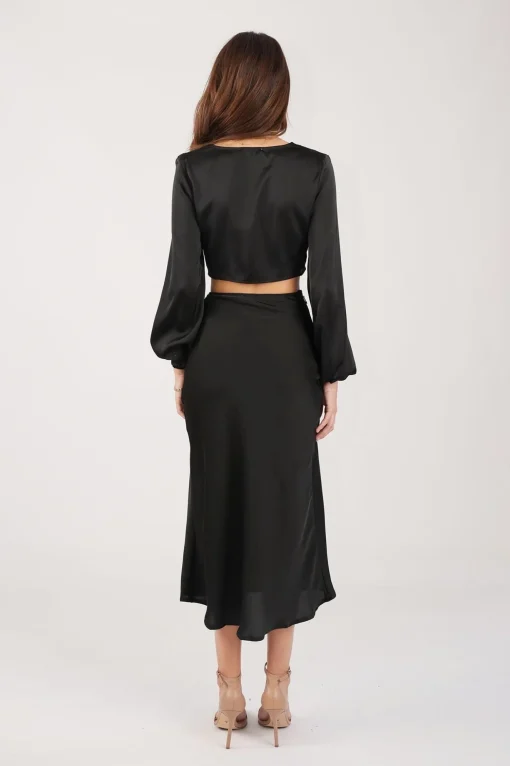 Quinn Satin Set - Long Sleeve Crop Top and Midi Skirt in Black