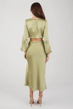 Quinn Satin Set - Long Sleeve Crop Top and Midi Skirt in Olive