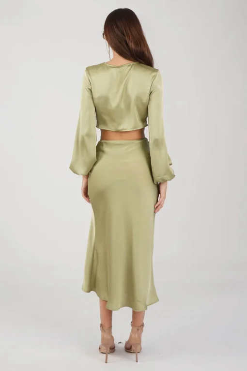 Quinn Satin Set - Long Sleeve Crop Top and Midi Skirt in Olive