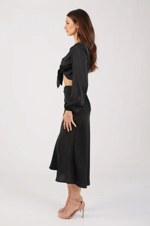 Quinn Satin Set - Long Sleeve Crop Top and Midi Skirt in Black