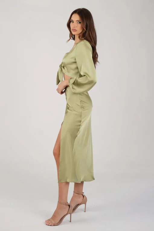 Quinn Satin Set - Long Sleeve Crop Top and Midi Skirt in Olive