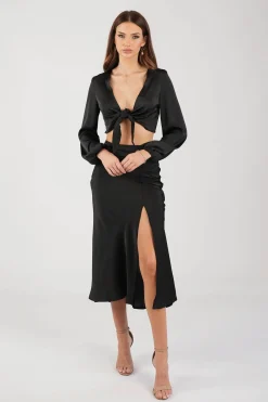 Quinn Satin Set - Long Sleeve Crop Top and Midi Skirt in Black