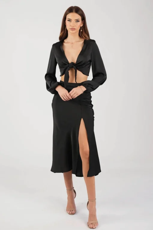Quinn Satin Set - Long Sleeve Crop Top and Midi Skirt in Black