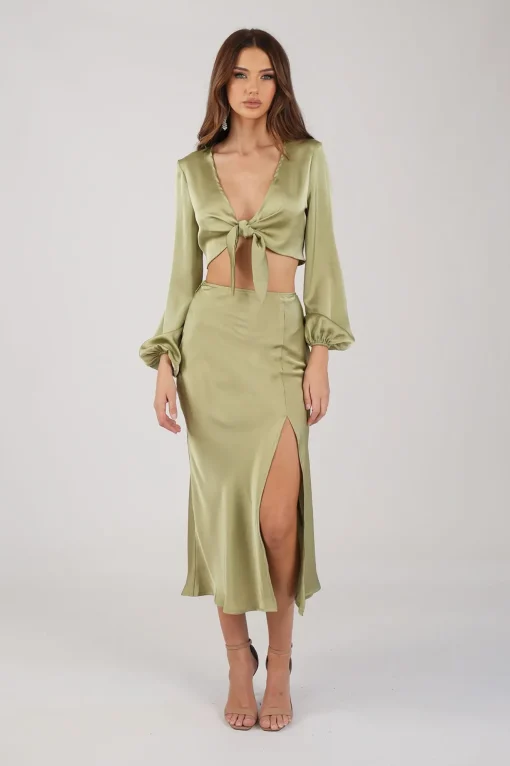 Quinn Satin Set - Long Sleeve Crop Top and Midi Skirt in Olive