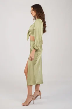 Quinn Satin Set - Long Sleeve Crop Top and Midi Skirt in Olive