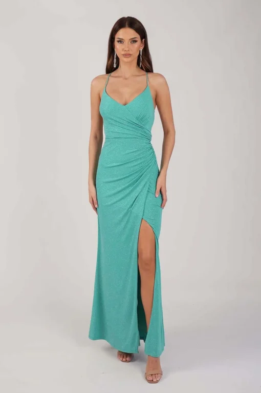 Raya Lace Up Shimmer Gown - Mint