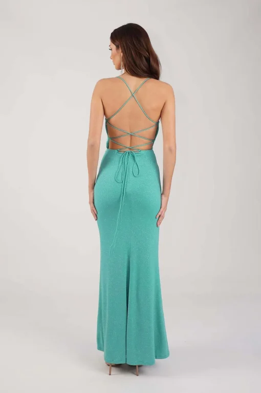 Raya Lace Up Shimmer Gown - Mint