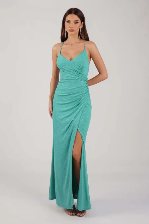Raya Lace Up Shimmer Gown - Mint