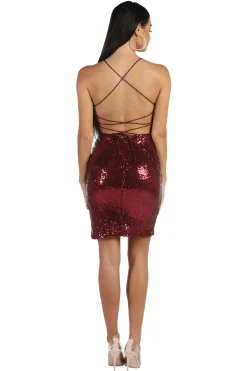 RIO Lace Up Back Sequin Mini Dress - Wine