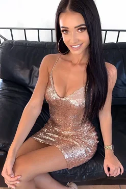RIO Lace Up Back Sequin Mini Dress - Rose Gold