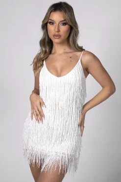 Salma Beaded Fringe Mini Dress - White