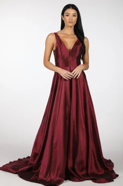SAMIRA V-Neck Satin Ball Gown - Deep Red