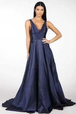 SAMIRA V-Neck Satin Ball Gown - Navy