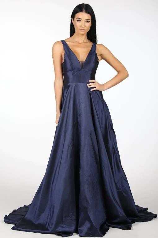 SAMIRA V-Neck Satin Ball Gown - Navy