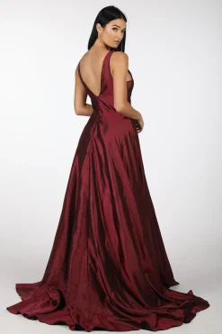 SAMIRA V-Neck Satin Ball Gown - Deep Red