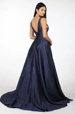 SAMIRA V-Neck Satin Ball Gown - Navy