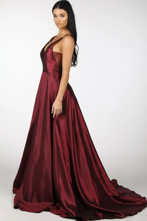 SAMIRA V-Neck Satin Ball Gown - Deep Red