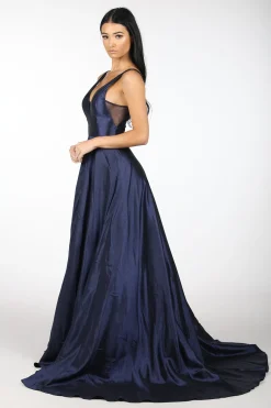 SAMIRA V-Neck Satin Ball Gown - Navy