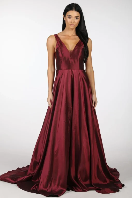 SAMIRA V-Neck Satin Ball Gown - Deep Red