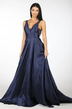 SAMIRA V-Neck Satin Ball Gown - Navy