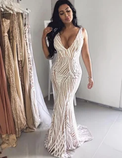 Sapphira Sequin Gown - White & Beige