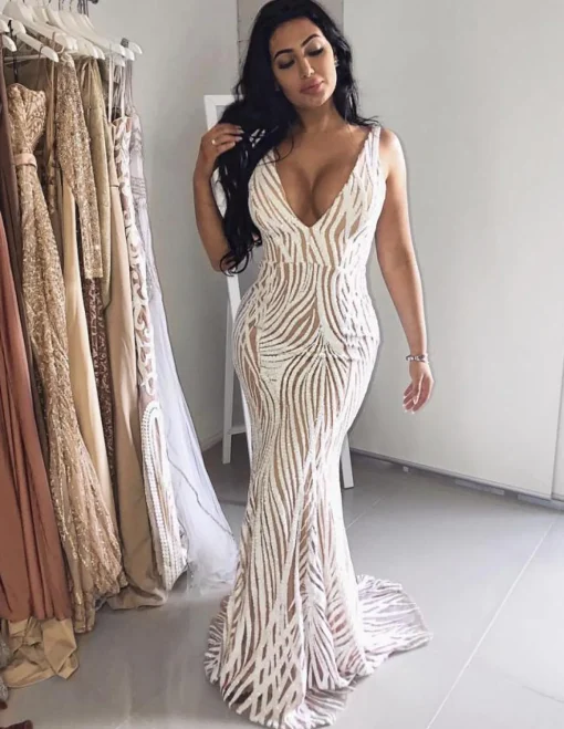 Sapphira Sequin Gown - White & Beige