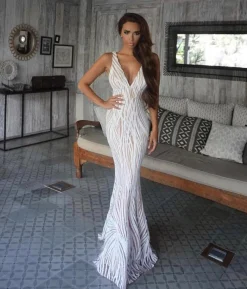 Sapphira Sequin Gown - White & Beige