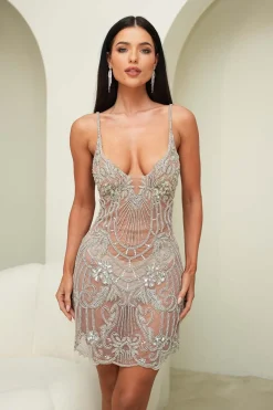 Sariyah Hand Embellished Mini Dress - Sheer Silver