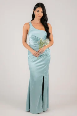 SELENE One Shoulder Satin Maxi Dress - Ice Blue