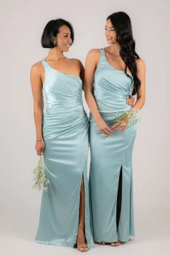 SELENE One Shoulder Satin Maxi Dress - Ice Blue