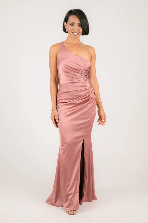 SELENE One Shoulder Satin Maxi Dress - Dusty Pink