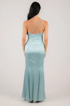 SELENE One Shoulder Satin Maxi Dress - Ice Blue