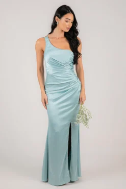 SELENE One Shoulder Satin Maxi Dress - Ice Blue