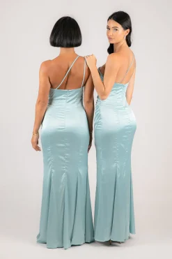 SELENE One Shoulder Satin Maxi Dress - Ice Blue