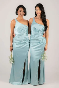 SELENE One Shoulder Satin Maxi Dress - Ice Blue