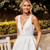 SIMONE V Neck A-line Satin Gown - Ivory