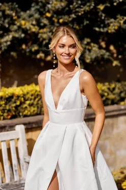 SIMONE V Neck A-line Satin Gown - Ivory