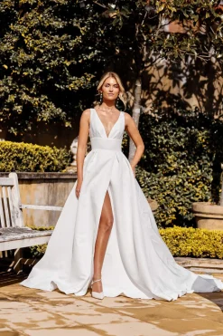 SIMONE V Neck A-line Satin Gown - Ivory