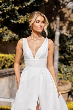 SIMONE V Neck A-line Satin Gown - Ivory