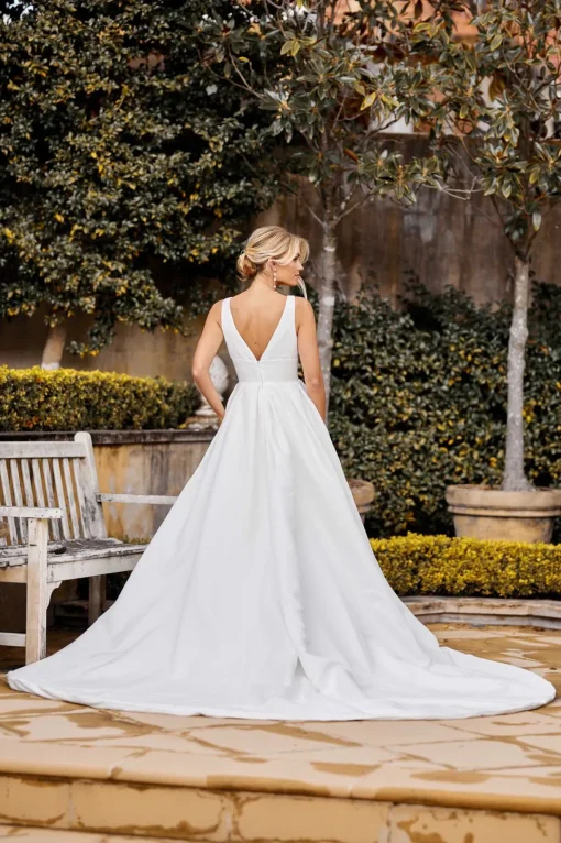 SIMONE V Neck A-line Satin Gown - Ivory