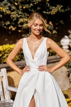 SIMONE V Neck A-line Satin Gown - Ivory
