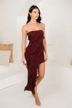 Solita Strapless Frill Detail Maxi Dress - Burgundy